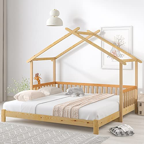 Kayan Erweiterbares Baumhausbett, Hausbett, Kinderbett, Tagesbett, Einzel- und Doppelbett, reines Massivholz, Natur (200x90cm)