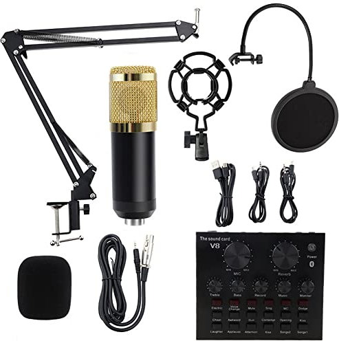 Ensemble de micros BM-800, carte son V8 avec bras de ciseaux à suspension de micro réglable, support antichoc en métal, filtre anti-pop double couche, pour l'enregistrement et la diffusion en studio