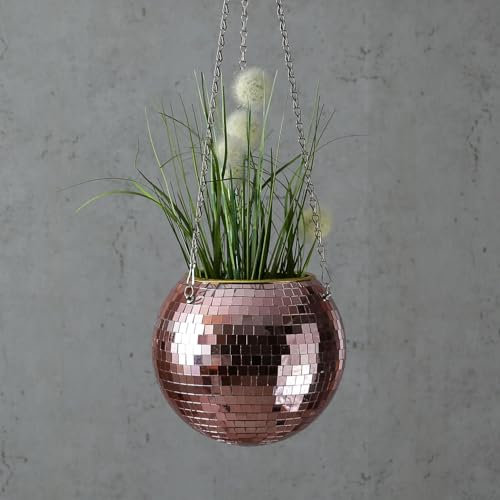 SATISFIRE Blumenampel Discokugel Spiegelkugel als Blumentopf hängende Blumenampel mit Spiegelkacheln Pflanztopf Übertopf (20cm, rosa)