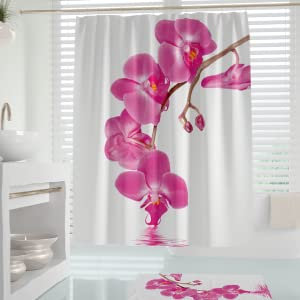 Rideau de douche blanc lavable en machine | superbe décoration de salle bain avec Rideau douche impermeable motif floral orchidée | Rideau de baignoire 180x200 anti moisissure conception esthétique