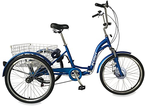 SCOUT Elektrisches Dreirad, 24-Zoll-Räder, Klapprahmen, 6-Gang, 12,8 Ah, 250 W, elektrisches Dreirad, klappbares elektrisches Dreirad (mattblau)