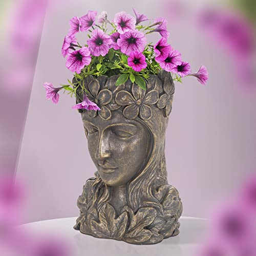 ML-Design Pot de Plantes/Fleurs Tête de Déesse, 21x16x32 cm, Bronze, Résine, Intérieur/Extérieur, Statue Massif, Femme Sculpture, Dame Visage, Vase Cache-Pot, Planteur Décoration, Urne pour Jardin