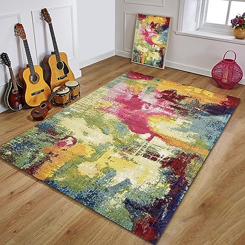 Tapis Salon 120 x 170 cm Multicolore Moderne Design Tapis à Poils Ras Doux, Salle de séjour, Chambre ado, Rouge Rose Orange Jaune Vert Bleu Abstrait, Antidérapant, Lavable