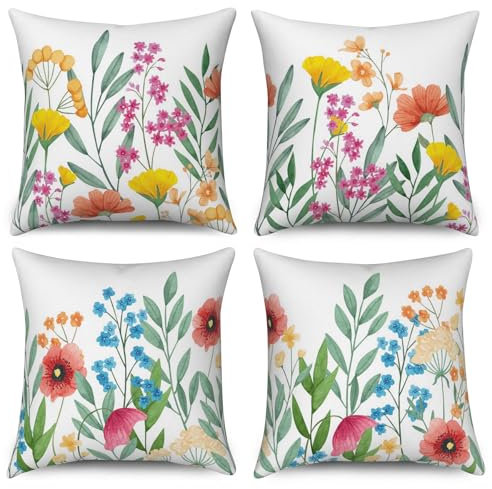 ASDCXZ Blumen Kissenbezug 40x40 cm 4er Set, Frühling Rose Blau Bunt Blumen Grün Blätter Weiß Sofa Dekokissen Kissenbezüge Kissenhülle Waschbar Polyester Textil Outdoor Kopfkissenbezug Kissen Bezug