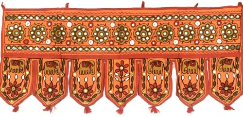 original kikan Wandbehang mit orangefarbenem Elefant, handgefertigt, Baumwolle, ethnischer Aufsatz, Toran, indischer Fenstervolant, 94 x 35,6 cm