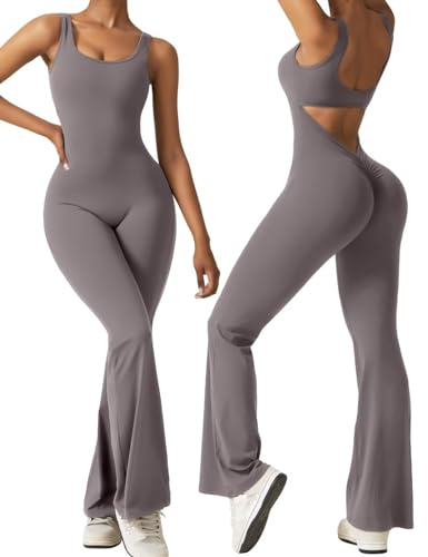 Vertvie Damen Jumpsuit Flared Eng Scrunch Butt Bodysuit Lang Yoga Ärmellos Overall Sport Rückenfrei Einteiler Bootcut Onepiece Ganzkörperanzug Sexy Playsuits Gym Workout Bodycon,Tee,S