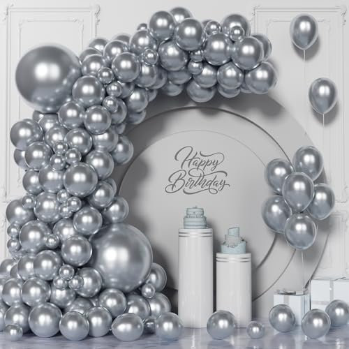 Visun Chrom Silber Luftballons, 101 Stück Metallic Silber Ballon Girlanden Bogen Set, 5/10/12/18 Zoll silber Latex Ballon für Männer, Jungen Abschlussfeier Babyparty Hochzeit Geburtstag Jahrestag Deko