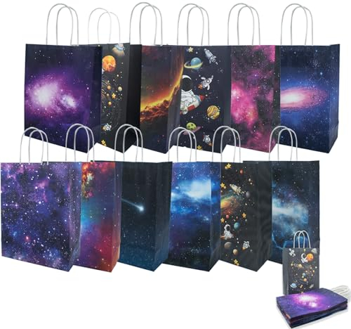 TAIXING 10 Stück Thema Weltall Papiertüten mit Henkel, Sternenklarer Himmel Papiertüten aus KraftpapierKlein Geschenktüten, Geschenktüten Kindergeburtstag für Geburtstag, Party, Geschenk(22*16*8cm)