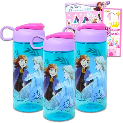 Elsa Bouteille d'eau pour filles de 4 à 7 ans – Bouteille d'eau Disney La Reine des Neiges pour filles comprend 3 bouteilles d'eau Elsa pour enfants, des autocollants La Reine des Neiges et un crochet