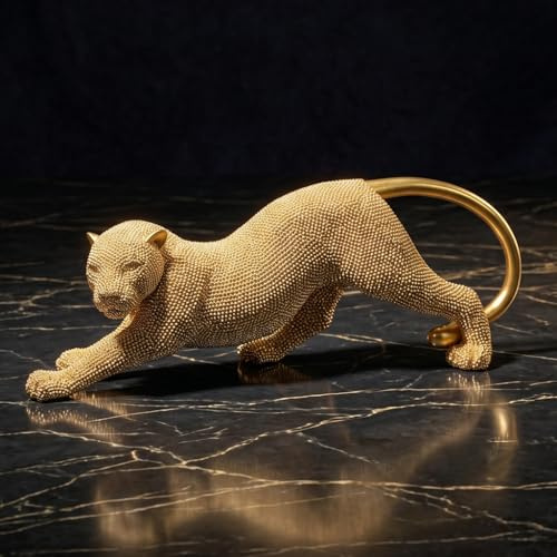 Shlinnuo Leopardenstatue, Heimdekoration, goldfarben, Gepardenfigur und Tierskulptur für Wohnzimmer, Regal, Büro, handgefertigt, mit Perlen, moderner Tischaufsatz (Gold/Silber)