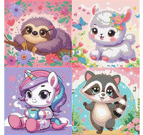 4er Set 5D Diamond Painting Kinder Tiere-Set Full Diamant Painting Bilder Kinder Tiere,DIY Mosaikherstellung Basteln Mädchen Junge 6 7 8 9 10 11 12 Jahre,Geschenk Kinder Ab 6 Jahre 15x15cm