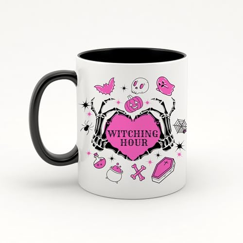 Sticky Art UK Witches Hour - Pink Halloween Mug, Skeleton Mug, Spooky Mug Gift, Halloween Lover Gift, Fall, Autumn, Spooky Gift, Fall Mug