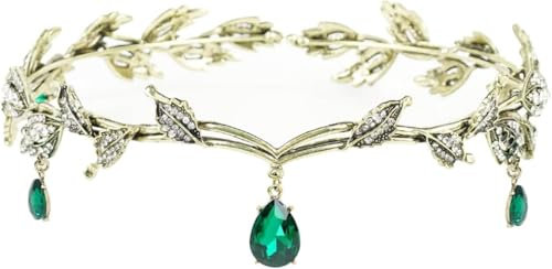Yuqilin Crystal Elfenkrone, Goddess Crown mit Blättern, Elfe Mittelalter Kopfschmuck, Grün Elfe Tiara, Krone Damen für Cosplay Fee Kostüm Renaissance Hochzeit Party Geburtstag