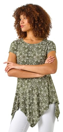 Roman Originals Women Asymmetric Top Ladies Hanky Hem Blouse Stretchy Tunic Occasion Smart Casual Summer Sprint Winter Autumn Cocktail Party Evening 3/4 Short Sleeve - Khaki Leaf - Size 10