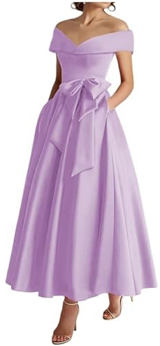 KURFACE Off Shoulder Prom Dresses Lilac for Women with Pocket Bow Satin Formal Evening Dress Corset Long Ball Gown UK26
