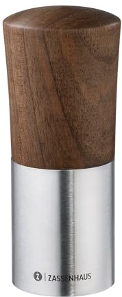 Zassenhaus Gewürzmühle DUO 12 cm, Nussbaumholz, Edelstahl, Muskatnuss | Rasiermesserscharfe Edelstahlreibe, für Muskat, Zimt, Tonkabohne, langen Pfeffer, Sternanis, Nüsse, Kräuter, Ø 4,5 cm