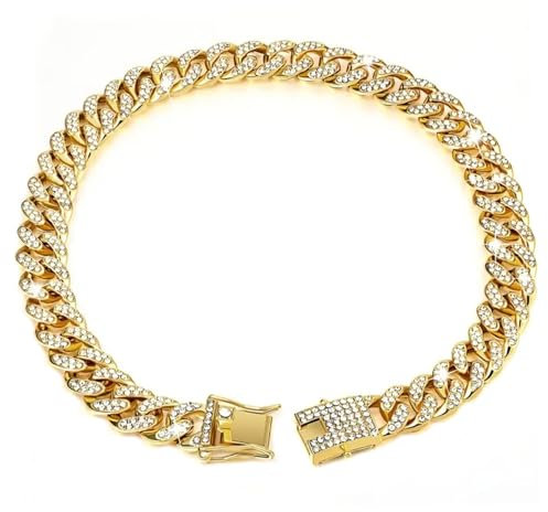 Cuban Link Hundehalsband 17, 7'' Cuban Link Kette für Hunde Legierung Diamant Gold Kette für Hunde Bling Halsband Hundeschmuck für Katzen Welpen Geschenke Chain L