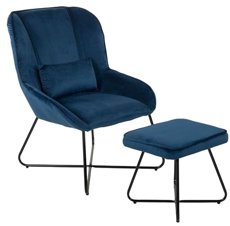 Duo Collection Relaxsessel mit Hocker Algona | Marineblau | Komfortabler Cocktailsessel und Loungesessel aus Samt | modern und elegant