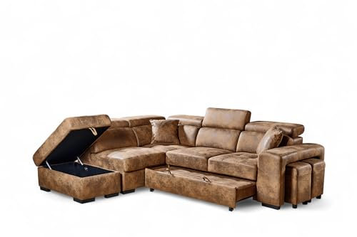 Faux Leather L Shaped Corner Sofa Bed with Storage Ottoman, Adjustable Headrests and 2x Foot Stools - Fabric Leather Modular Sectional Pull Out Sofa Bed 4 Seater with Black Metal Feet - LEFT HAND