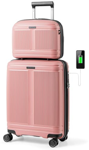 COSTWAY 2 TLG. Gepäckset, 20 Handgepäck Koffer + 14 Kosmetikkoffer, Reisekoffer erweiterbar mit TSA-Schloss, USB-Anschluss, Hartschalengepäck Rollgepäck Set mit Rollen (Rosa)