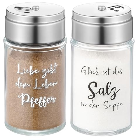 Geiserailie 2er Set Lustig Salz- und Pfefferstreuer Hochzeitsgeschenke für Brautpaar Edelstahl und Glas Salz und Pfefferstreuer mit Aufkleber Glas Hochzeit Geschenk für Einzug Einweihungsgeschenk