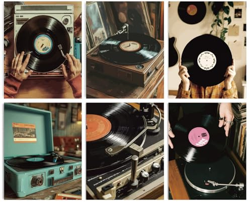 INFUNLY 6 Vintage Schallplatten Wanddrucke 20x25 cm Schwarz Vinyl Poster Bilder Musikalben Leinwandwandkunst Ungerahmt Retro Schallplatten Drucke Aufkleber Für Schlafzimmer Wohnzimmer Kunstdekoration