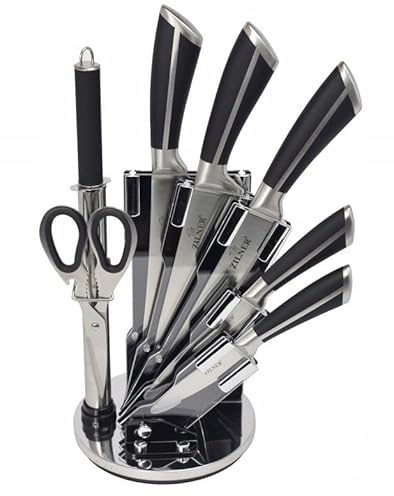 ZILNER Messerset Messerblock 8-teilig, Edelstahl, Schwarz/Silber | Küchenmesser, Messerschärfer, Schere, rostfreier Edelstahl, Messer-Set mit Block, Küche täglich