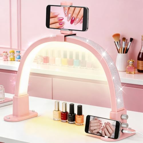 Half Moon Light for Nail Desk, 18.5 Mini Nail Desk Lamp with Phone Holder, 3 Color Modes and 10 Brightness Adjustable, Nail Tech Table Lamp for Manicure Art, Eyelash Extensions, Beauty, Tattoo