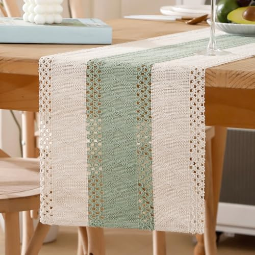 Tischläufer Eukalyptus Grün Makramee Boho Baumwollflachs Tischband 30 X 200 Häkelspitze Mesh Landhausstil Waschbar Läufer Tisch Modern Böhmische Dekoration für Küche Hochzeit Tabletop Dekor