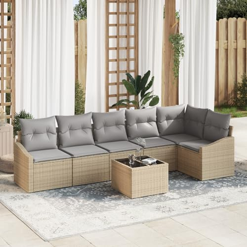 IBUQDDV 7-TLG. Garten-Sofagarnitur mit Kissen Schwarz Poly Rattan, Ecksofa für draußen aus natürlichem Rattan mit grauen Kissen, modularer Aufbau, wetterfestes Outdoor-Sofa für sechs