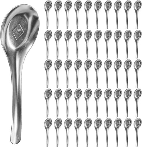 50 Pcs Stainless Steel Soup Spoons Bulk, 14 cm Asian Chinese Soup Spoon Set | Metal Dessert Spoons, Mirror Polished Dinner Spoons, Silverware Tablespoon for Home Kitchen Restaurant, Dishwasher Safe