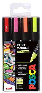 POSCA 153544858 PC-5M „Fluorescent Paint in a Pen“-Set, 2,5 mm breite Kugelspitze, wasserbasierte Filzstifte, 4 Farben