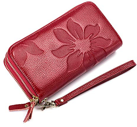 swp RFID-blockierende Damen-Ledergeldbörse, Doppelreißverschluss, Smartphone-Tasche, Bargeldfächer, große Kapazität, Clutch-Armband, 01-Wein, RFID-Geldbörse
