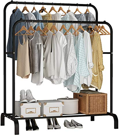 UDEAR Kleiderständer Freistehender Kleiderbügel Doppelruten Multifunktional Schlafzimmer Kleiderständer, Schwarz