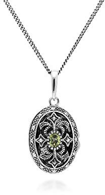 Collana in argento Sterling 925 con medaglione ovale in stile Liberty con peridoto e marcasite.