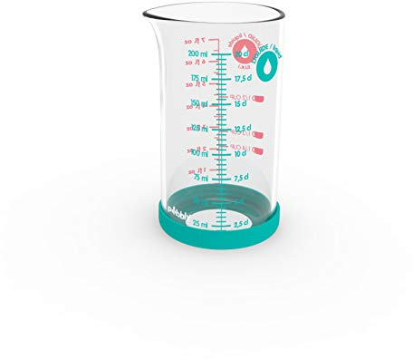 Pebbly - Verre Mesureur de Précision en Verre - 200 ml - Avec Base Silicone Antidérapante et Bec Verseur - 4 Mesures de Liquides (ml, cl, dl, L) Facilite les Conversions - Matériaux Naturels