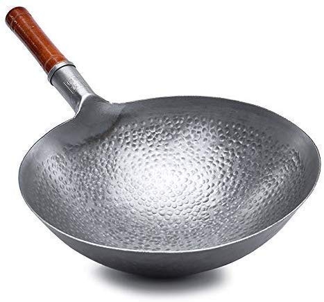 Handgeschmiedeter Eisen-Wok, Professioneller Chinesischer Traditioneller Handgehämmerter Kohlenstoffstahl-Pow-Wok Mit Ulmenholz- Und Stahl-Helfergriff - 34cm