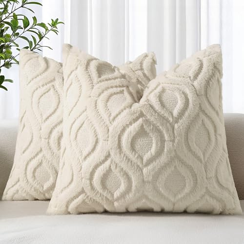 decorUhome 2er Set Kunstfell Kissenbezüge 60x60cm, Dekorativer Weicher Plüsch Flauschiger Samt Kissenbezug 24X24 Zoll, Quadratische Boho Neutral Kissenbezug für Sofa, Beige