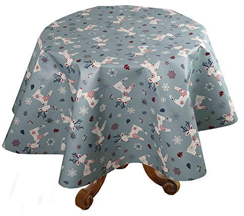 Wachstuch Wachstischdecke Tischdecke Weihnachten Blau Rentier Rund 80 cm abwaschbar Weihnachtstischdecke
