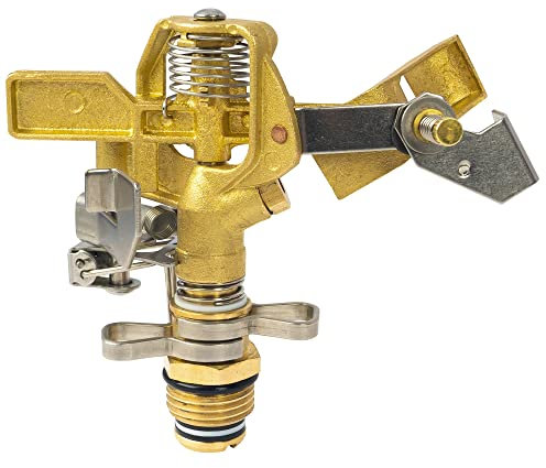 Hourleey Aspersor de impacto de latón de 1/2 pulgada, cabezal de aspersor de agua resistente, patrón de cobertura ajustable de 0 a 360 grados, aspersor de riego con boquillas para riego de patio