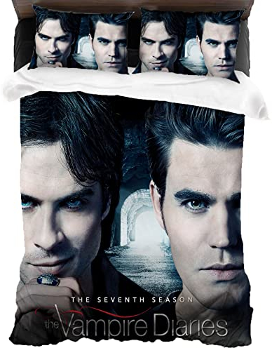 ANSSON Damon Bettwäsche 135x200cm,The Vampire Diaries Kinder Bettwäsche-Set,Mit Reißverschluss 1 Bettbezüge und 2 Kissenbezug,Horrorfilm (135x200cm+80x80cmx2, Stefan5)