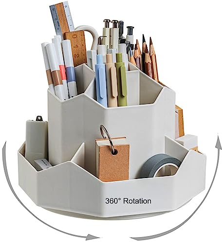SAMSYOKI Drehbarer Stiftehalter, 360 Drehbarer Schreibtisch Organizer, Rotation Stifthalter mit 9 Fächer, Stiftköcher Aufbewahrungsbox für Stifte Bürobedarf Schulbedarf Make-up Pinsel (Grau)