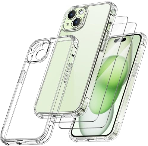 Qasyfanc Funda Compatible con iPhone 15 Plus, Carcasa Silicona PC con Protección de La Cámara y 2 Protector Pantalla, TPU Protección Militar Anti-Choque, Anti-Arañazos Caso, Transparent