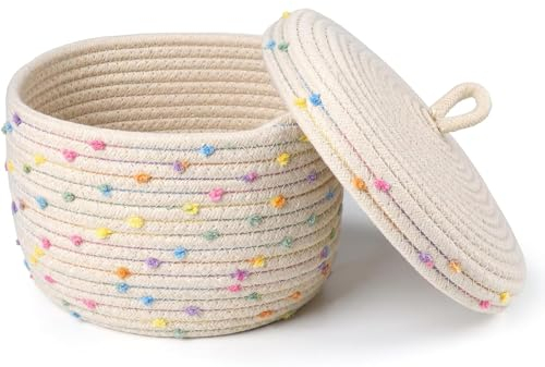 Aufbewahrungskorb aus Baumwollseil, Geflochtener Aufbewahrungsbox mit Deckel, Natürlich Baumwollseilkorb, Deko Korb Rope Basket für Kinderzimmer, Küche, Bad, Büro