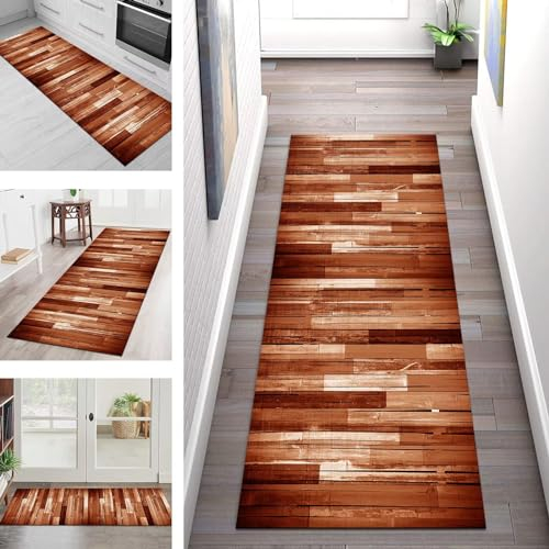 Teppich Läufer Lang Küche Flur Wohnraum Teppichläufer Rutschfest Waschbar Küchenläufer Teppichmatten Rot Orange Holzmaserung 60X150CM Meterware Flurteppich Wohnzimmer Schlafzimmer Küchenteppich