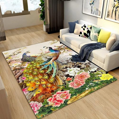 Kinderzimmer Teppich Pfau-Vogel-Tier-Cartoon-Vogel 3D -Gedruckter Teppich Wohnzimmer Dekor Krabbelte Matte Schlafzimmer Küchenteppich Badezimmer Matte, 160 X 230 Cm - Leicht Zu Reinigen -1I5T5S7O6H3S5