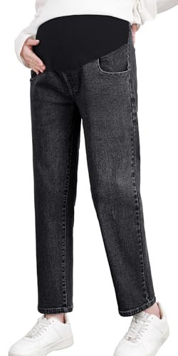 FEOYA Jeans de Maternité pour Femmes Pantalon de Grossesse en Denim à Jambes Larges et Décontractées Pantalon Jean avec Poches pour Femmes Enceintes Noir XL