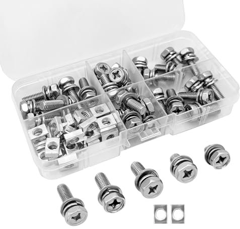 Yourkar 60 PCS Battery Bolts and Nuts, Stainless Steel Battery Terminal Screws with Square Nuts, M6×10/12/16/18/20mm Battery Terminal Nuts and Bolts Kit, Motorcycle Accessories