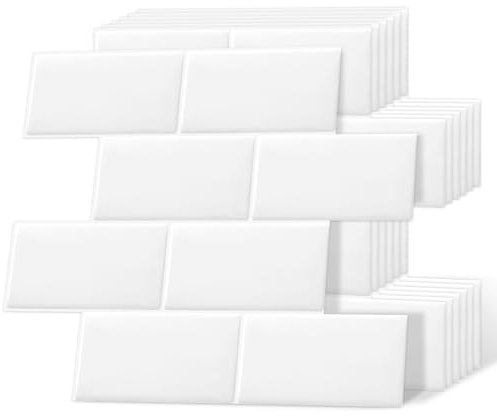 DEWOO Klebefliesen Wandfliesen Klebe Vinyl Rückwand Metro Fliesen Selbstklebend Plastik Imitation Ziegel Weiß Bad Küche Peel Stick Wall Tiles 10-Stück, (32 x 27cm)