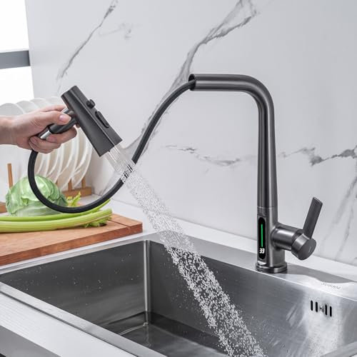 LakeBayMZC Wasserhahn Küche Mit Brause Ausziehbar, Küchenarmatur 360° Schwenkbar Spültischarmatur LED Temperaturanzeige, Einhebel Armatur Küche mit 3 Strahlarten,Pistolengrau